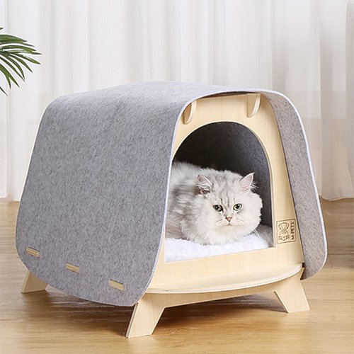 M-PETS エムペッツ ウッディコージー キャットハウス 猫ハウス フェルト 木製 組み立て簡単 クッション付 洗える 猫用 ペット用
