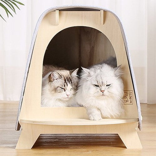 M-PETS エムペッツ ウッディコージー キャットハウス 猫ハウス フェルト 木製 組み立て簡単 クッション付 洗える 猫用 ペット用